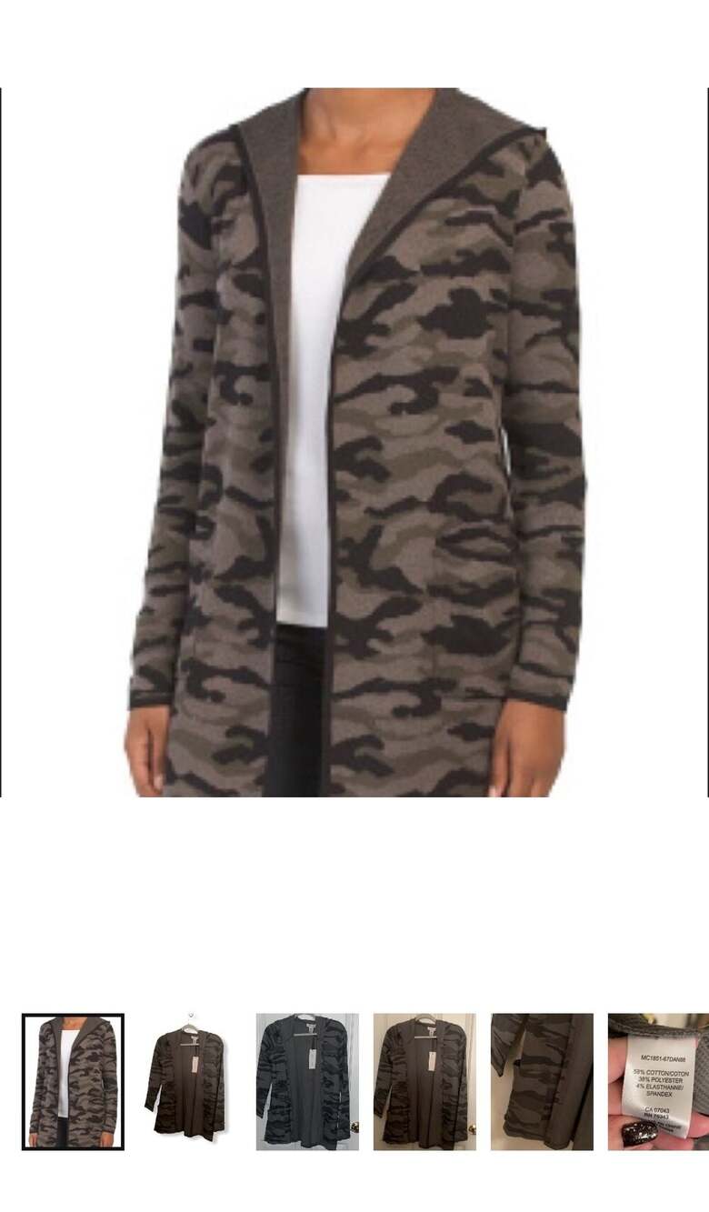 Rachel Zoe Camo Hooded Cardigan Sweater, Green Brown Open Front, Size XS